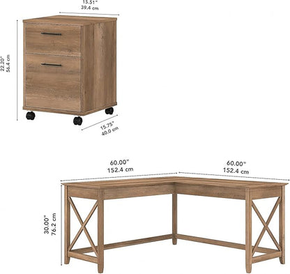Bush Furniture Key West 60W L Shaped Desk with 2 Drawer Mobile File Cabinet in Reclaimed Pine