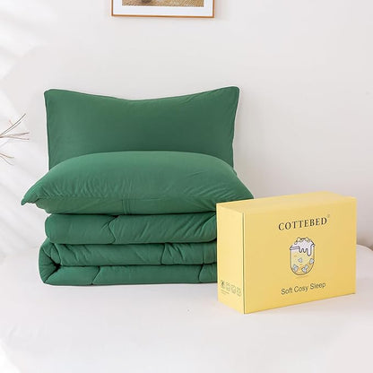 COTTEBED Softness Comforter Set KING Size Bed, Jersey Knit Cotton T-Shirt Feel Ultra-Soft Comy Lightweight Bedding Quilt Blanket Pillowsham All Season, California/Cal King Emerald/Hunter/Forest Green