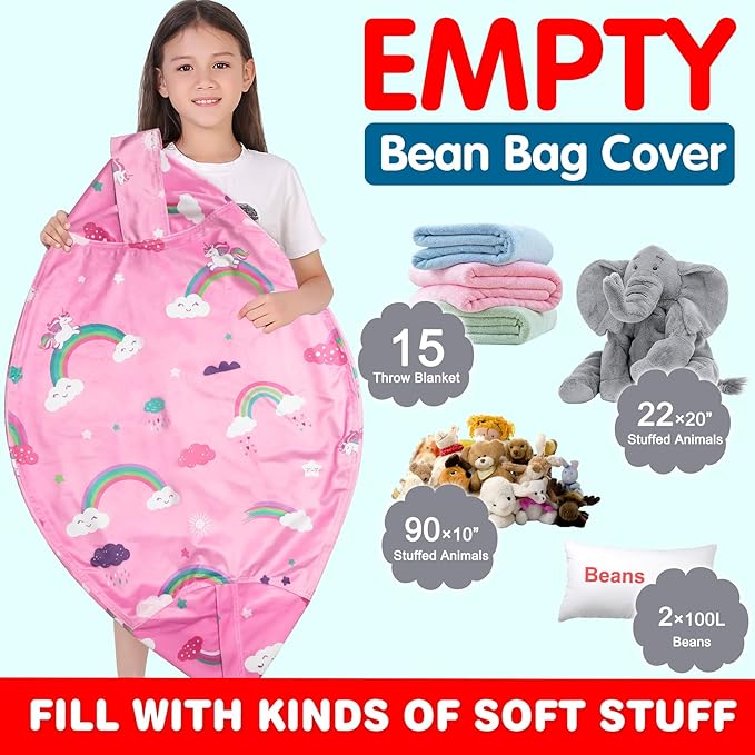Lukeight Unicorns Stuffed Animal Storage Bean Bag Chair Cover for Kids, Unicorns Zipper Beanbag Chair Cover for Organizing Toddler & Kids' Rooms Plush Toys (Rainbow Pink, X-Large)