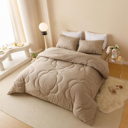 Champagne Flower Comforter Full Champagne Sunflower Print Bed Full Comforter Set 3 Pieces Champagne Floral Comforter Set for Boys Girls Teens Bedroom Decor All Season Hotel Quality Comforter