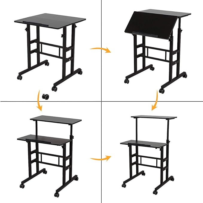 sogesfurniture Mobile Standing Desk Laptop Workstation on Wheels, Adjustable Computer Desk for Standing or Sitting, Black 101-BK