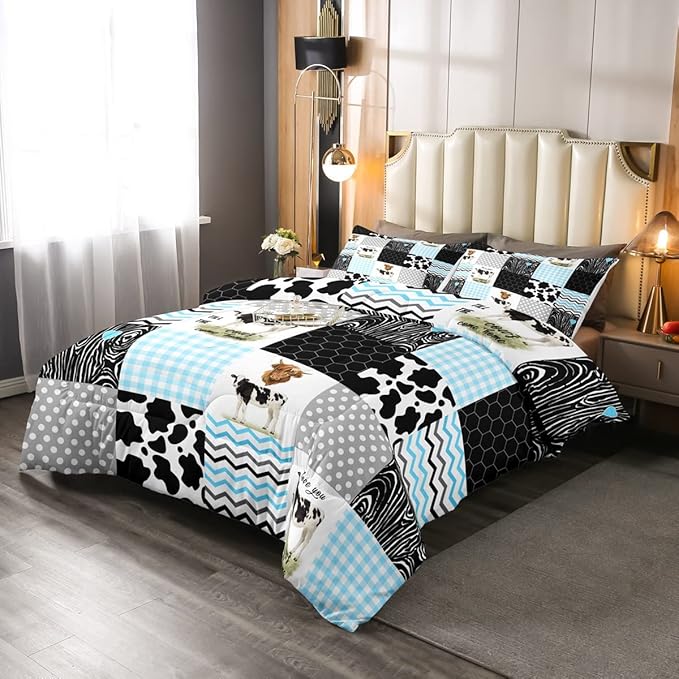 Cute Cow Print Comforter Set Queen Size Kawaii Highland Cow Bedding Set Bedroom Decor Honeycomb Plaid Pattern Geometric Stripes Down Comforter Cartoon Farm Animals Duvet Set, Blue Black Grey