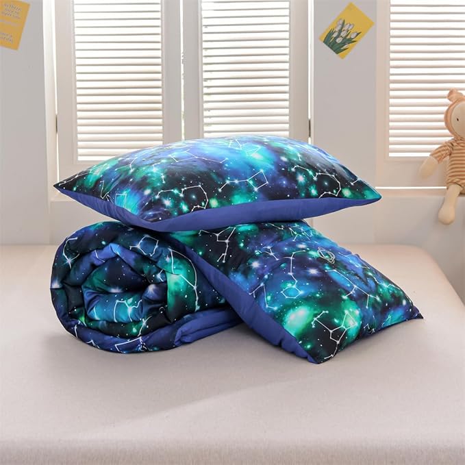 Holawakaka Tie Dye Constellation Print Ombre Comforter Set Twin Size Girls Boys Gradient Galaxy Bedding Set (Black Green,Twin)