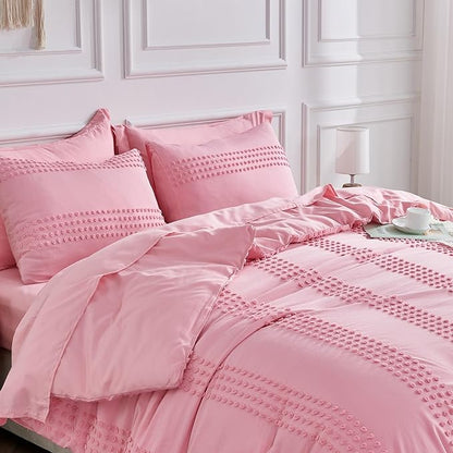 ENJOHOS Girls Twin Bedding Set Pink Twin XL Comforter, 3 PCS Boho Comforter with Tufted Dots, Shabby Chic Bedding Comforter for All Season, Lightweight Fluffy Microfiber Comforter with 2 Pillowcases