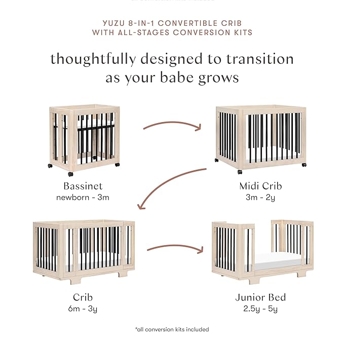 Babyletto Yuzu Convertible All-Stages Bassinet, Midi, Full-Size Crib in Washed Natural with Black, Greenguard Gold Certified, Portable & Adjustable with Conversion Kits and Pads Included