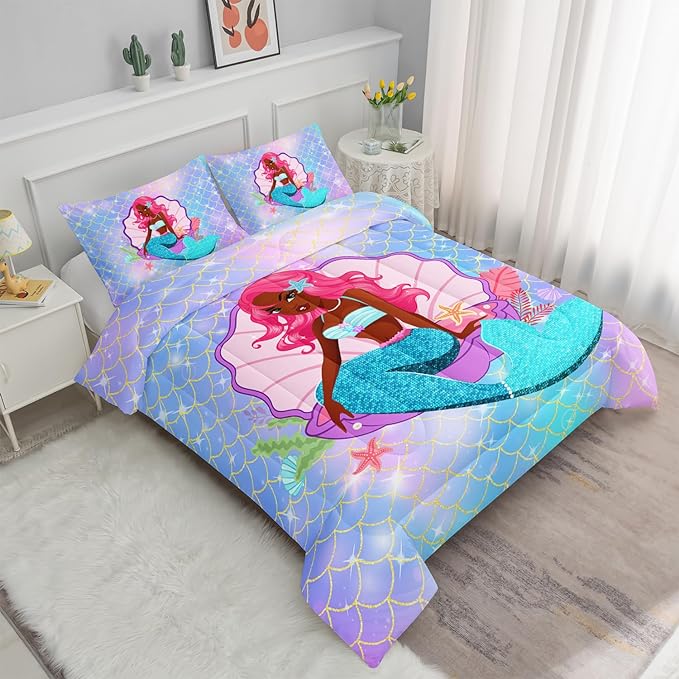 Datura home Bedding Comforter Set Black Girl Magic Mermaid Printed Pattern Quilt with 1 and 2 Pillowcases for Girls Bedroom All Season(Black Blue Twin) Twin 68x86inches