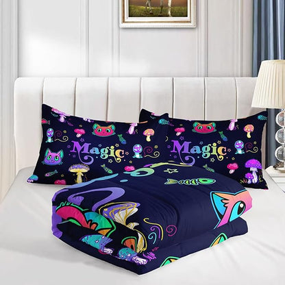 Datura home Mushroom Cat Kids Comforter Bedding Set for Boys Girls, Cartoon Mixed Color Mushroom and Cute Cat Fishbone Pattern Comforter with 2 Pillowcases(Mushroom Cat Twin)