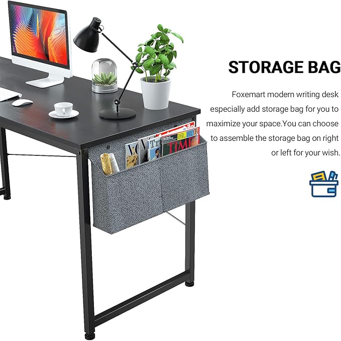 Foxemart Computer Desk 47" Office Desks Writing Study Desk Modern Simple PC Laptop Notebook Table with Storage Bag and Iron Hook for Home Office Workstation, Black