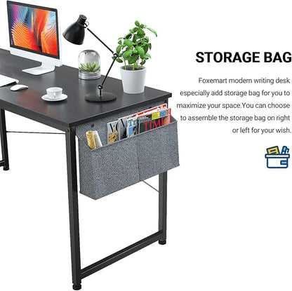 Foxemart Computer Desk 47" Office Desks Writing Study Desk Modern Simple PC Laptop Notebook Table with Storage Bag and Iron Hook for Home Office Workstation, Black