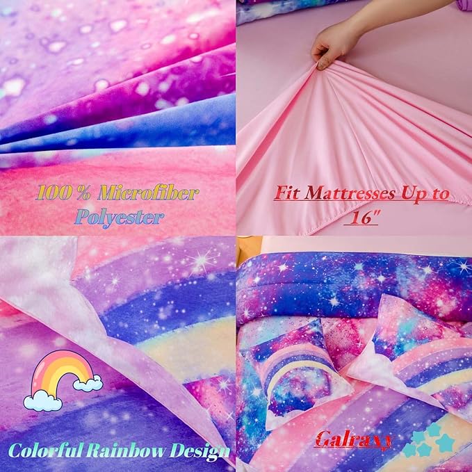 6Pcs Teen Pink Bedding Set Full for Girls, 3D Tie Dye Comforter Pink Colorful Rainbow Kids Comforter Set, Ultra Soft Pastle Nebula Printed Bed in A Bag with Sheets