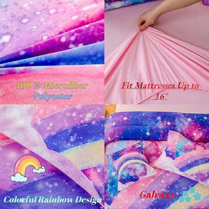 6Pcs Teen Pink Bedding Set Full for Girls, 3D Tie Dye Comforter Pink Colorful Rainbow Kids Comforter Set, Ultra Soft Pastle Nebula Printed Bed in A Bag with Sheets