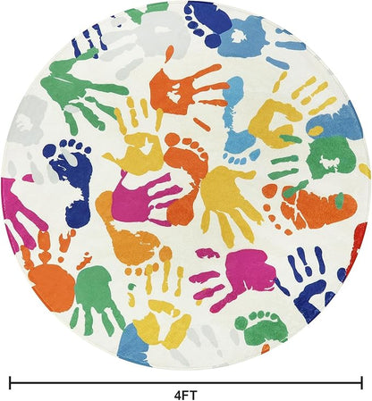 Colorful Round Rug for Kids Bedroom, 4'x4' Handprints and Footprints Circle Rug for Playroom, Rainbow Washable Rug for Nursery, Small Circular Carpet for Classroom Dorm Daycare