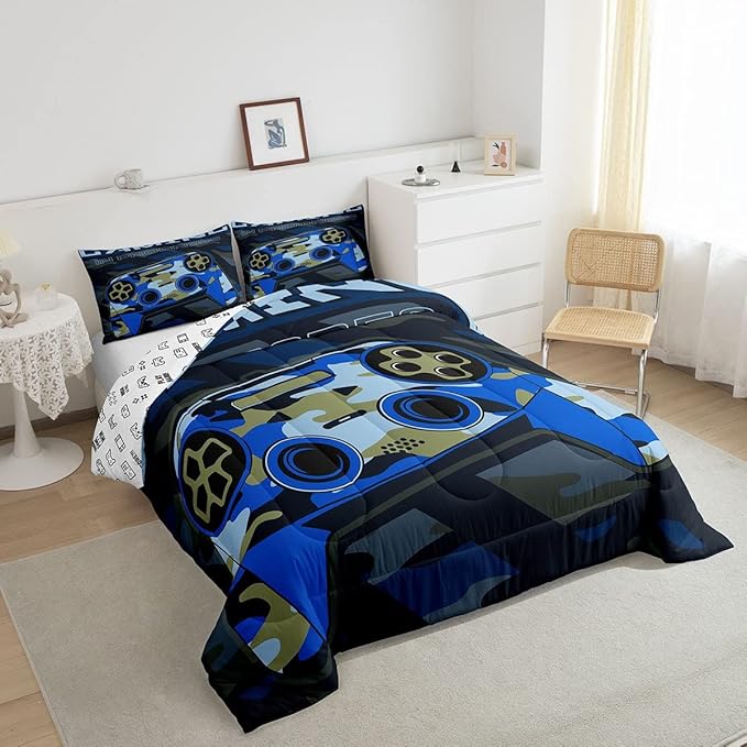 Boys Girls Gamepad Comforter Set Queen Size Teens Gamer Bedding Set Retro Blue Camouflage Video Game Controller Comforter For Kids Youth Bedroom Decor Gamer Console Action Buttons Duvet Set Microfiber