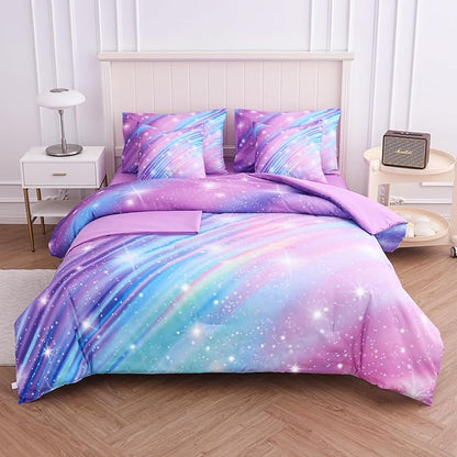 Full Size Bedding Sets Kids Bedding Sets for Girls,Galaxy Bedding 7pieces Glitter Pink Comforter Colorful Comforter Full Size Comforter Sets for Teen Girls(Twill Rainbow)