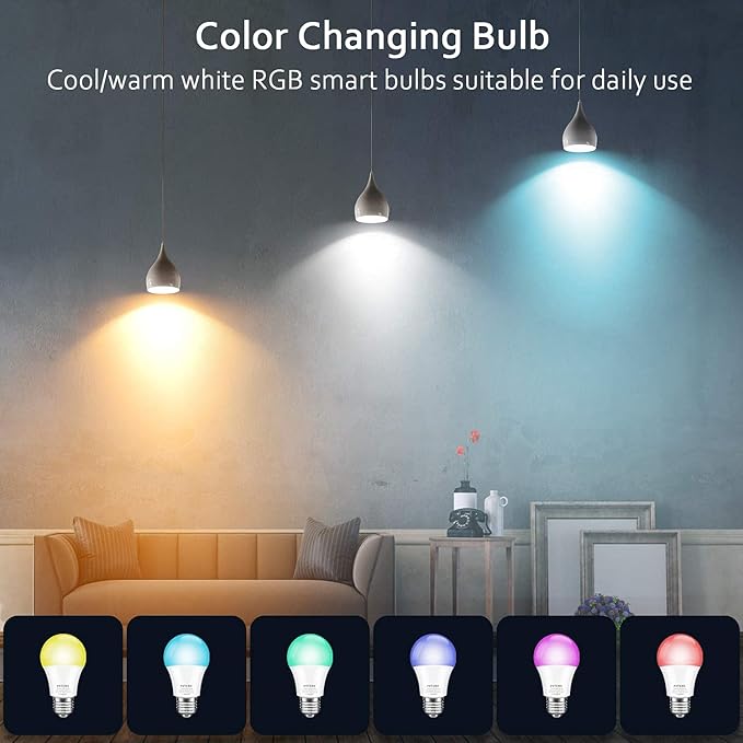 Peteme Smart WiFi Light Bulbs, Led RGB Color Changing Bulbs Compatible with Alexa, Siri,Echo, Google Home, A19 E26 60W Smart Bulbs 1 Pack