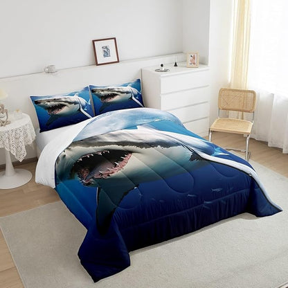 Kids Comforter Set for Boys Girls,3D Shark Fish Down Comforter 3 Piece Hawaiian Beach Theme Bedding Quilted Duvet Set Ocean Sea Animal Pattern Blue Duvet Insert for Toddler Teen Bedroom Decor,Full