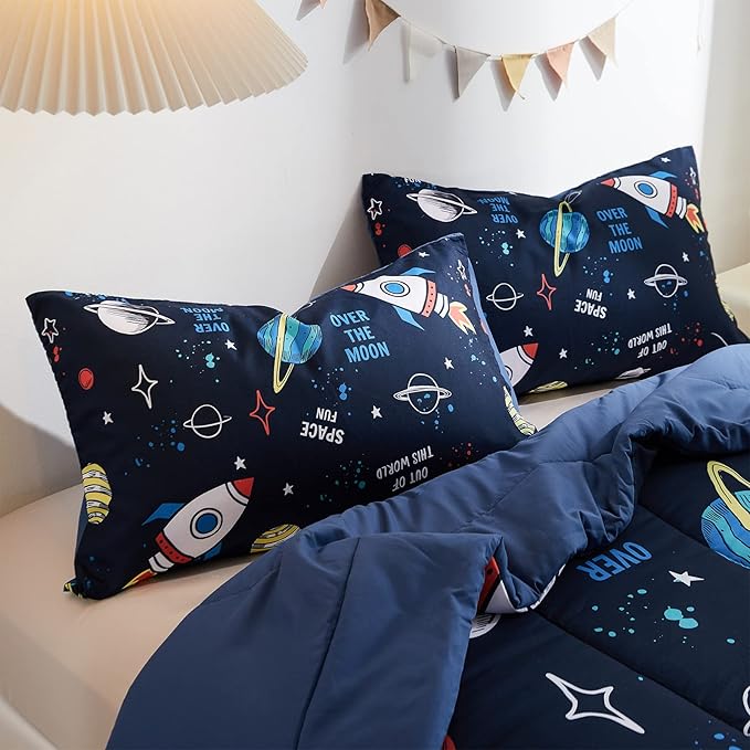 beeweed 2 Piece Kid Comforter Set Twin Size, Space Rocket Bedding Set for Teen Boys Girls