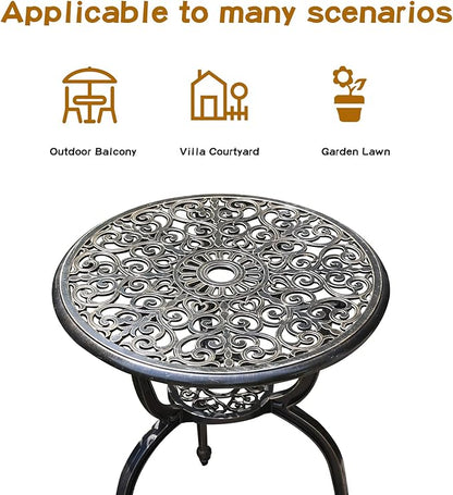 Patio Bistro Set.Rust-Resistant Cast Aluminum Bistro Table Set with Umbrella Hole for Backyard (Crown Copper)