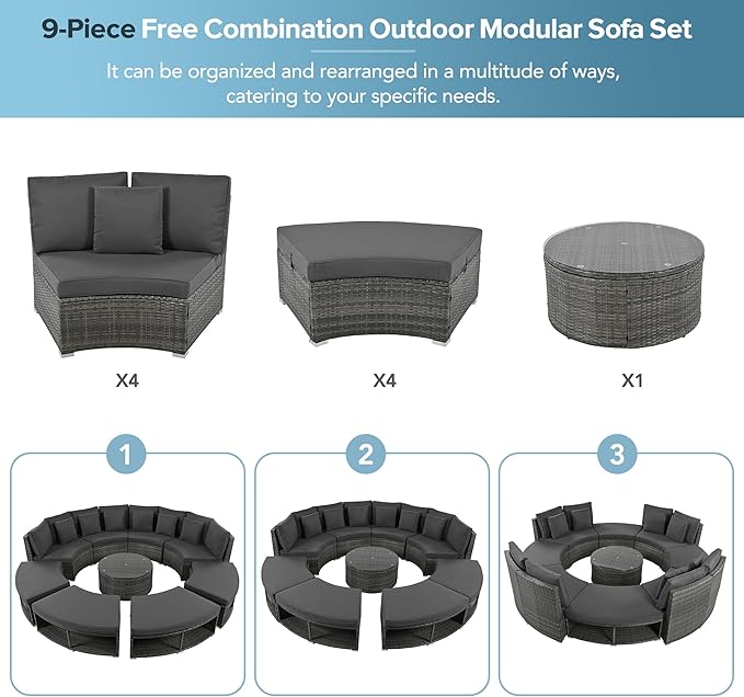 9-Pieces Outdoor Patio Furniture Set, Rattan Wicker Circular Sectional Sofa with Storage, Tempered Glass Table and 6 Pillows, Garden Lawn Half Moon Conversation Couch, Grey