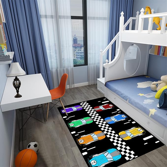 Race Car Area Rug, 47 x 31 in, Low Pile, Handmade, for Boys Room Decor, Black