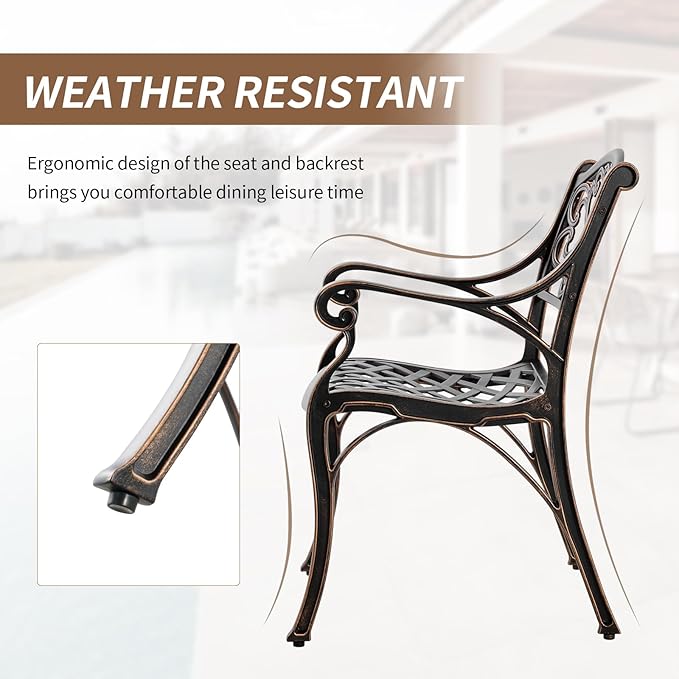 Cast Aluminum Patio Dining Set, Outdoor Bistro Set, 31.5"" Round Patio Table with Umbrella Hole, 2 Patio Chairs for Yard Porch Garden Balcony, Bronze 4