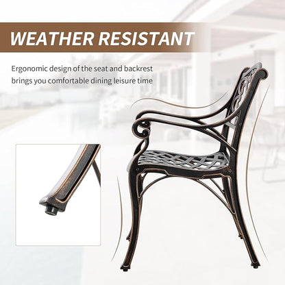 Cast Aluminum Patio Dining Set, Outdoor Bistro Set, 31.5"" Round Patio Table with Umbrella Hole, 2 Patio Chairs for Yard Porch Garden Balcony, Bronze 4
