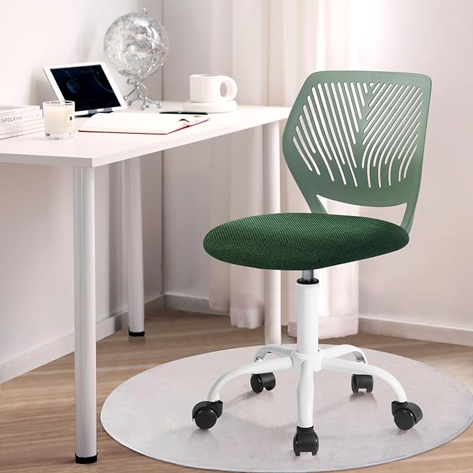 FurnitureR Kids Desk Chair, Home Office Chair Small Armless Cute with Padded Fabric Cushion and Plastic Mid Back Rolling Adjustable Swivel Computer Task Chair for Child Student, Dark Green