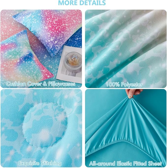 PERFEMET Pink Green Girls Twin Comforter Set, 6 Pieces Colorful Rainbow Kids Bedding Sets, Tie Dye Ombre Glitter Bed in A Bag Comforter Set with Sheets