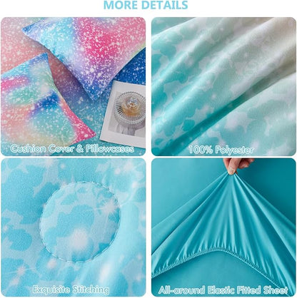 PERFEMET Pink Green Girls Twin Comforter Set, 6 Pieces Colorful Rainbow Kids Bedding Sets, Tie Dye Ombre Glitter Bed in A Bag Comforter Set with Sheets