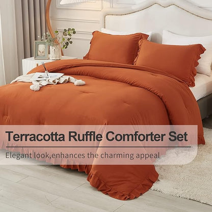 Andency Terracotta Ruffle Comforter Full(79x90Inch), 3 Pieces(1 Ruffled Comforter and 2 Pillowcases) Solid Farmhouse Shabby Chic Comforter, Vintage Rustic Soft Microfiber Bedding Set