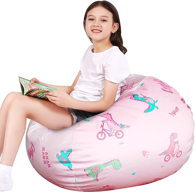 Lukeight Stuffed Animal Storage Bean Bag Chair Cover for Kids, Dinosaur Zipper Beanbag Chair Cover for Organizing Toddler & Kids' Rooms Plush Toys (Dino Pink, X-Large)