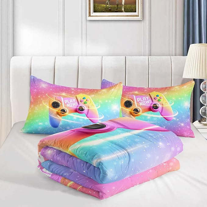 Datura home Bedding Comforter Set Rainbow Gamepad Printed Pattern Quilt with 1 and 2 Pillowcases for Girls Bedroom All Season(Rainbow Queen) Queen 90x90inches