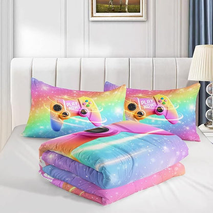 Datura home Bedding Comforter Set Rainbow Gamepad Printed Pattern Quilt with 1 and 2 Pillowcases for Girls Bedroom All Season(Rainbow Full) Full 80x90inches