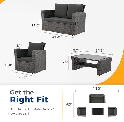Wisteria Lane 4 Piece Outdoor Patio Furniture Sets, Wicker Conversation Set for Porch Deck, Grey Rattan Sofa Chair with Cushion （Dark Grey