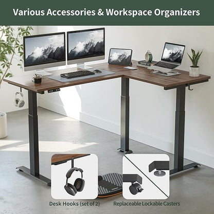 FEZIBO Triple Motor L-Shaped Electric Standing Desk, 75 Inches Height Adjustable Stand up Corner Desk, Sit Stand Workstation with Splice Board, Black Frame/Black Walnut Top