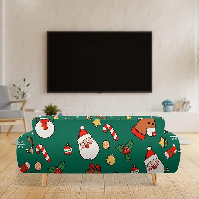 FKELYI Christmas Decorations Green Sofa Slipcover Santa Claus Stretch Sofa Couch Cover for Indoor Washable Furniture Protector with Elastic Bottom XL