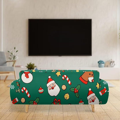 FKELYI Christmas Decorations Green Sofa Slipcover Santa Claus Stretch Sofa Couch Cover for Indoor Washable Furniture Protector with Elastic Bottom XL