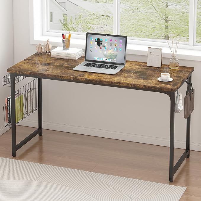 yoyomax Computer Desk, 55 Inch Home Office Desk, Wood Simple Style Student Writing Desk, Study PC Table with Storage Basket and Headphone Hooks, Rustic Brown