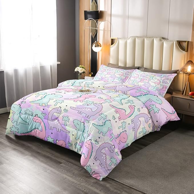 Erosebridal Dinosaur Comforter Set Queen Size, Kawaii Dinosaur Bedding Sets for Kids Girls Boys Gift Bedroom Decor, Cartoon Cute Animals Duvet Set,Palm Leaf Down Comforter, Green Purple Pink