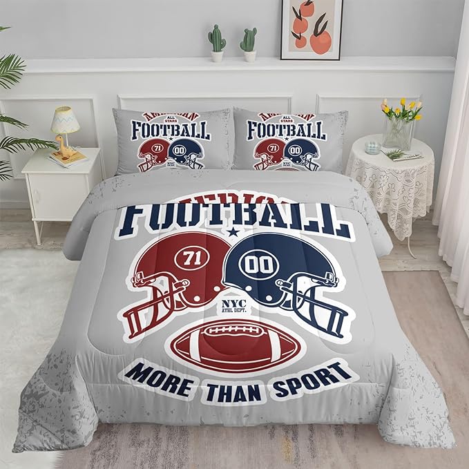Datura home American Football Comforter Set Vintage Grey American Football Printed Quilt Bedding Set with 1 Comforter and 2 Pillowcases for Boys and Girls Bedroom All Season(Football Grey Queen)