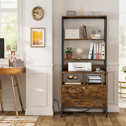 Homieasy File Cabinet with Charging Station, Vertical Filing Cabinet with Lock & Large Drawer, Printer Stand with Storage Shelves, Office Storage Cabinet fits Letter/A4/Legal Size,Rustic Brown