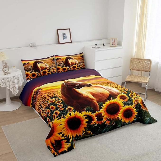 3D Horse Comforter Set for Kids Boys Wild Animal Down Comforter Girls Teen Adult Women Sunflower Quilted Duvet Brown Horse Bedding Comforters Cowboys Farmhouse Comforter with 2 Pillowcases, Queen Size