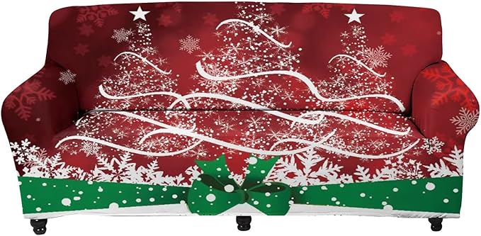 FKELYI Xmas Tree Snowflake Pattern Christmas Decor Stretch Sofa Slipcover Soft Comfort Cushion Cover Washable Furniture Protector-S