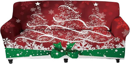 FKELYI Xmas Tree Snowflake Pattern Christmas Decor Stretch Sofa Slipcover Soft Comfort Cushion Cover Washable Furniture Protector-S