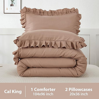 Andency California King Comforter Set Taupe (104x96Inch), 3 Pieces Cal King Ruffle Comforter, Oversized Farmhouse Shabby Chic Bed Comforter, Lighteweight and Soft Microfiber Bedding Set