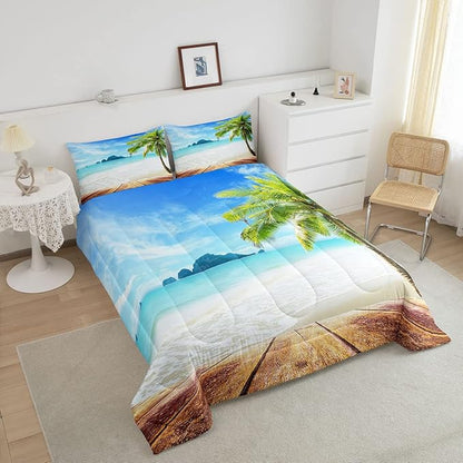 Beach Comforter Set Full Size Ocean Bedding Set Tropical Palm Tree Hawaii Ocean Duvet Set Sunny Beach Coastal Nature Theme Duvet Set Sea Wave Mountain Brown Wooden Comforter Set 2 Pillowcases, Blue