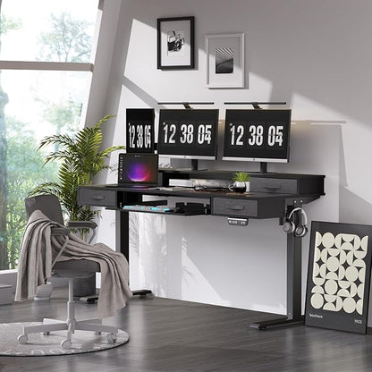 Electric Standing Desk, Multifunctional Standing Desk Adjustable Height, 63 * 24 Standing Desk with 4 Drawers, Ergonomic Adjustable Standing Desk with Keyboard Tray, Classic Black