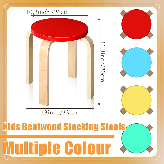 4 Pcs 12 Inch Bentwood Stacking Stool for Kids Colored Durable Round Nesting Stool Flexible Wood Stackable Stool Chairs for Playroom Daycare Home Classroom (Bright Color)