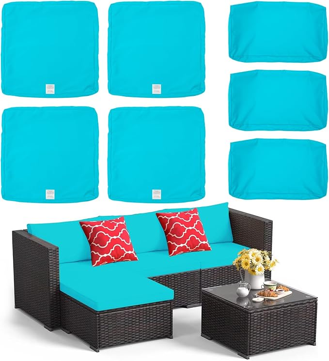ClawsCover 7Pack Outdoor Seat and Back Cushions Replacement Covers Fit for 3/5 Pieces 4-Seater Wicker Rattan Patio Furniture Conversation Set Sectional Couch,Turquoise-Small (Include Cover Only)