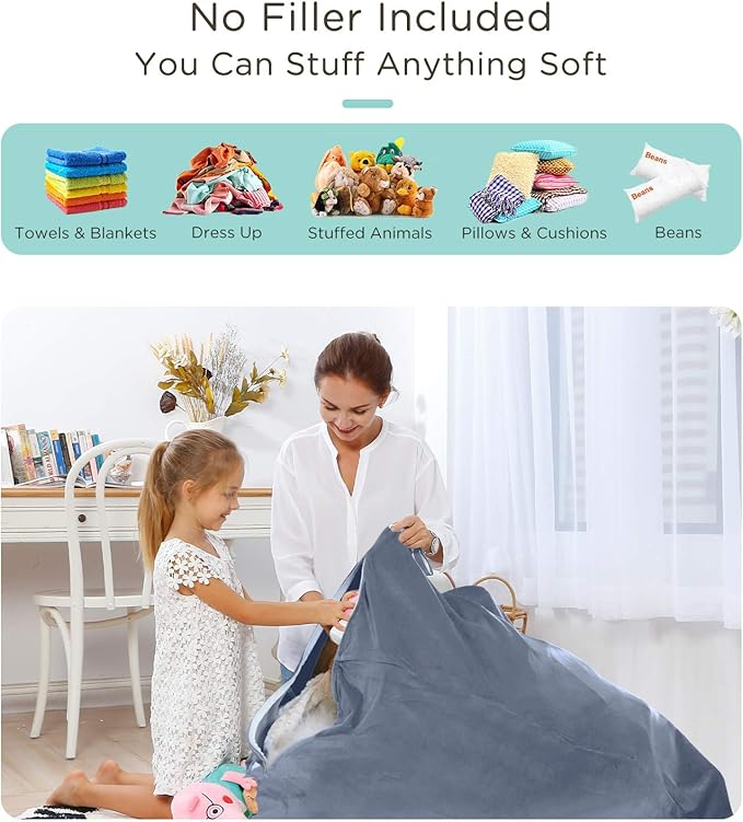 Aubliss Stuffed Animal Storage Bean Bag Chairs Cover, 50"x 35" Extra Large Velvet Bean Bags Chair for Kids & Adults, Ultra Soft Zipper Beanbag Toy Storage for Boys Girls - Grey